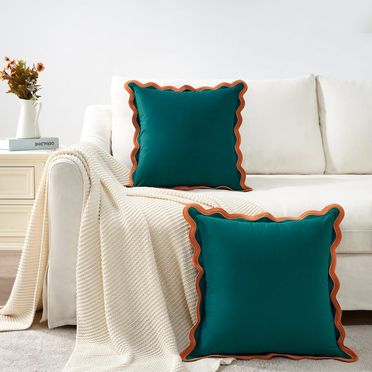 scalloped edge velvet pillows set of two coral dark teal