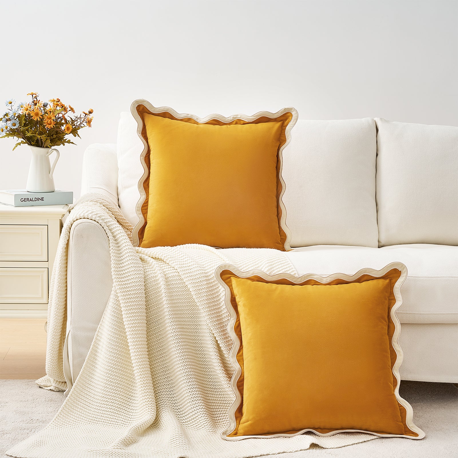 scalloped edge velvet pillows set of two cream yellow