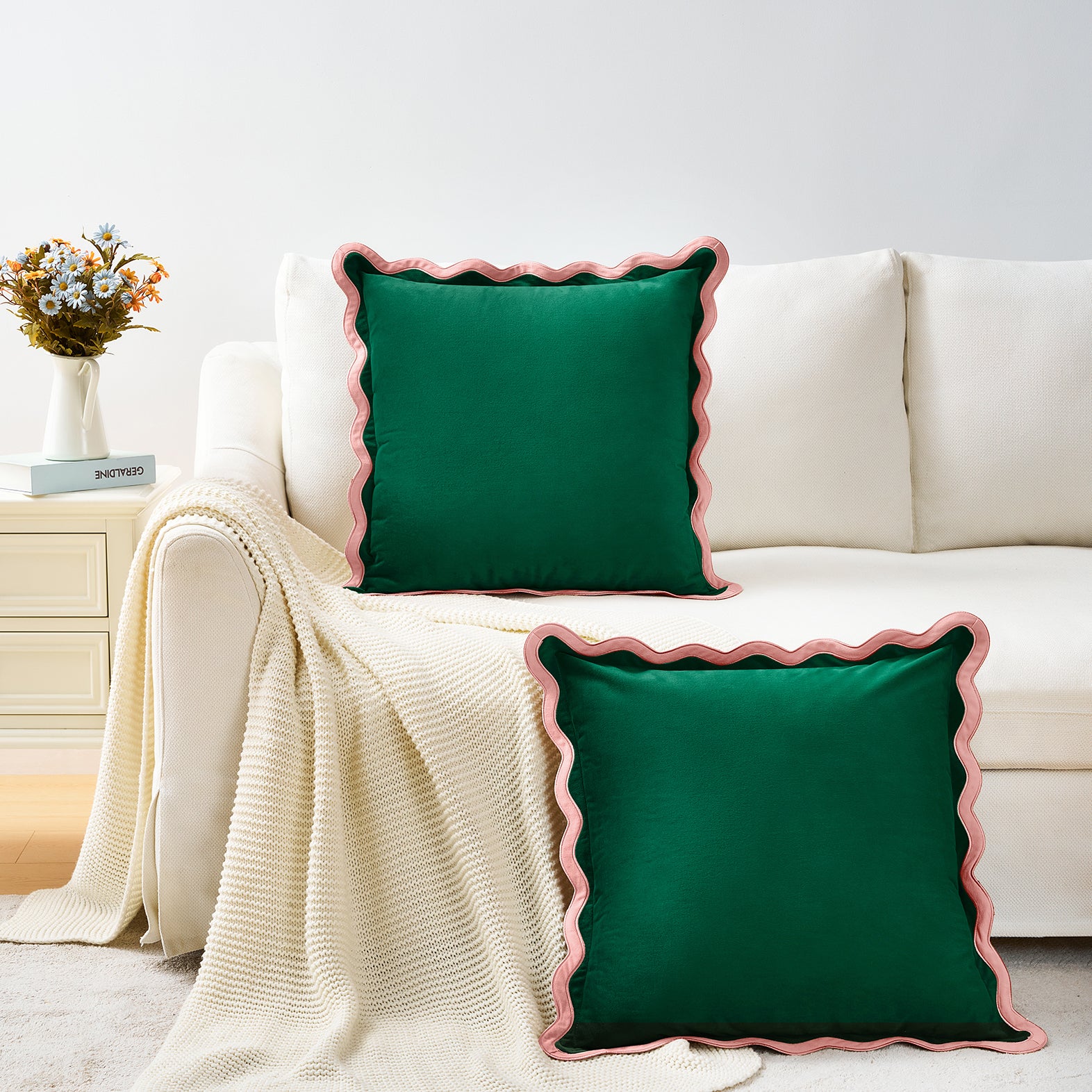 scalloped edge velvet pillows set of two pink green