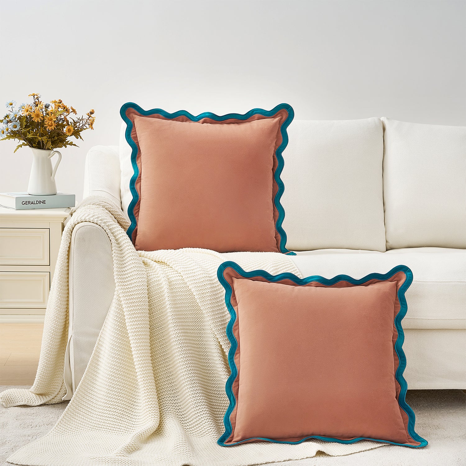 scalloped edge velvet pillows set of two teal pink