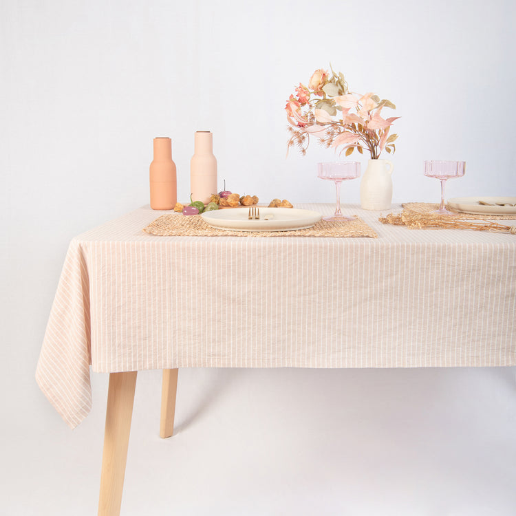 tablecloth cotton stonewashed beige white stripes rectangle