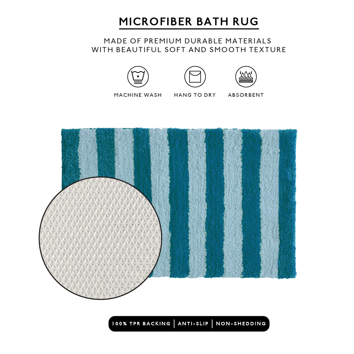 Striped microfiber bath rug with texture detail and features listed on a white background