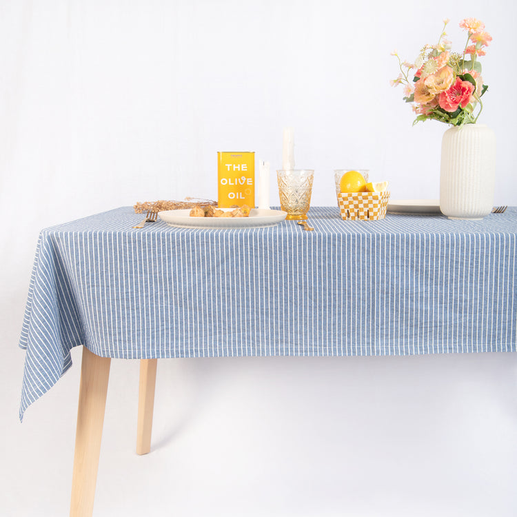 tablecloth cotton stonewashed blue white stripes rectangle