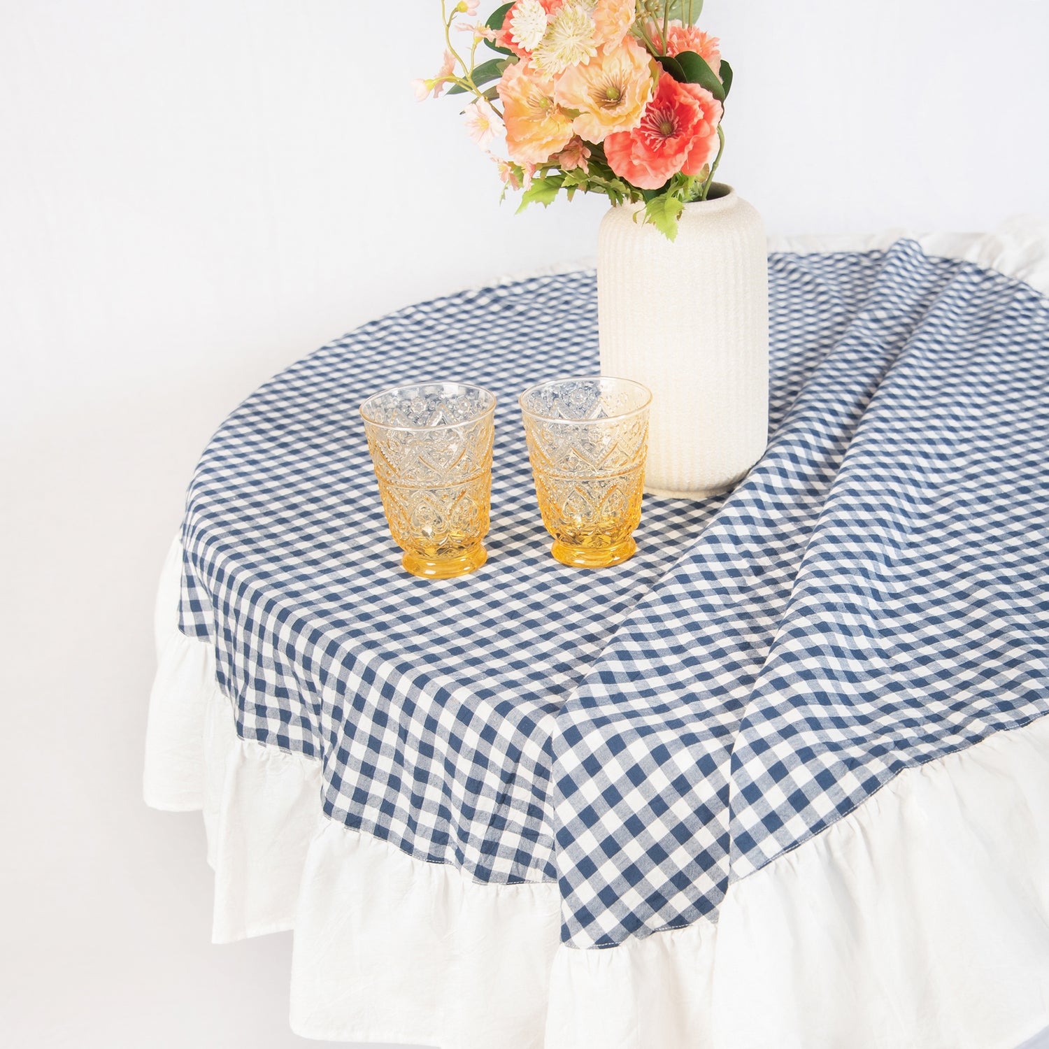 tablecloth gingham plaid buffalo checkered cotton stonewashed blue white round