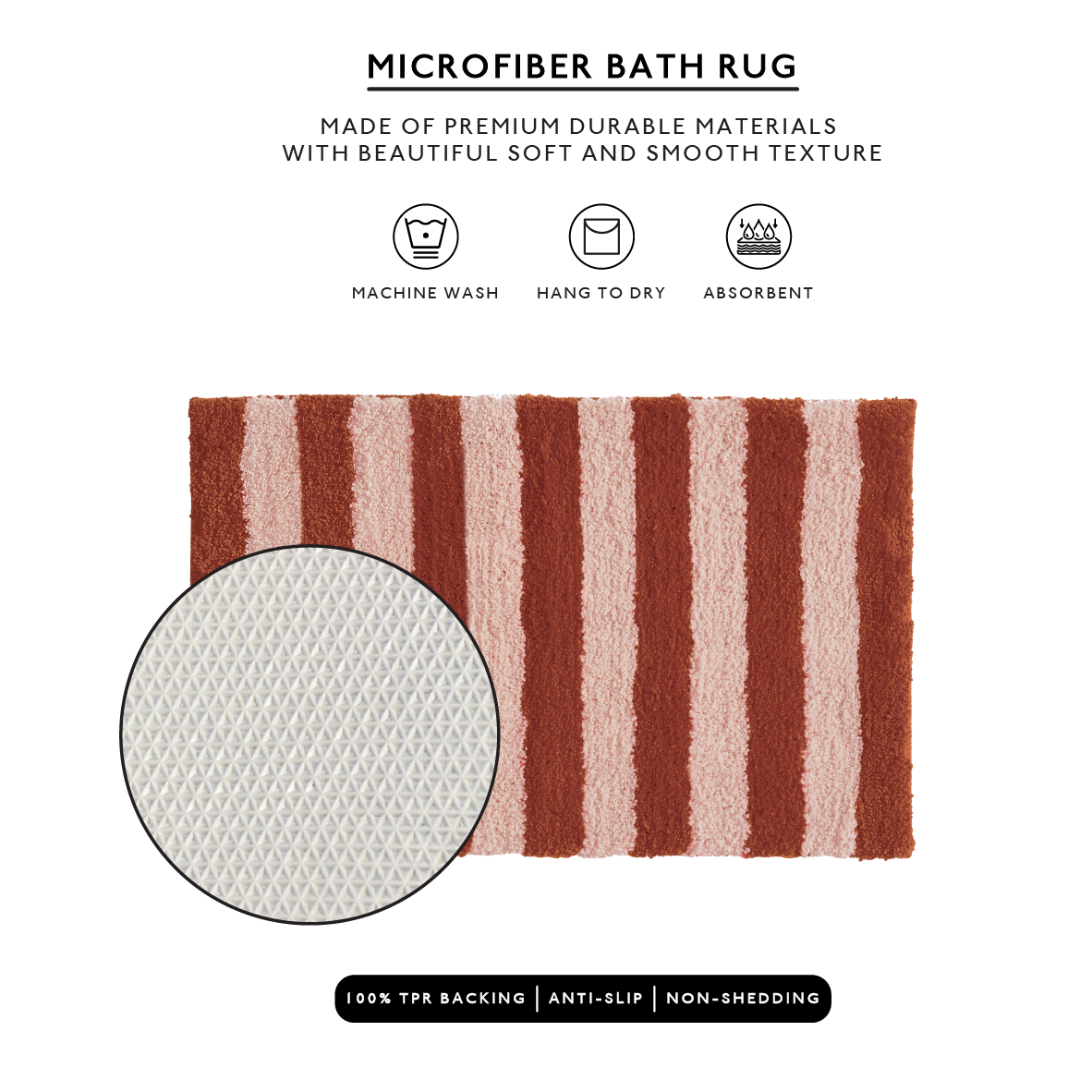 Striped microfiber bath rug with texture detail and product features on a white background