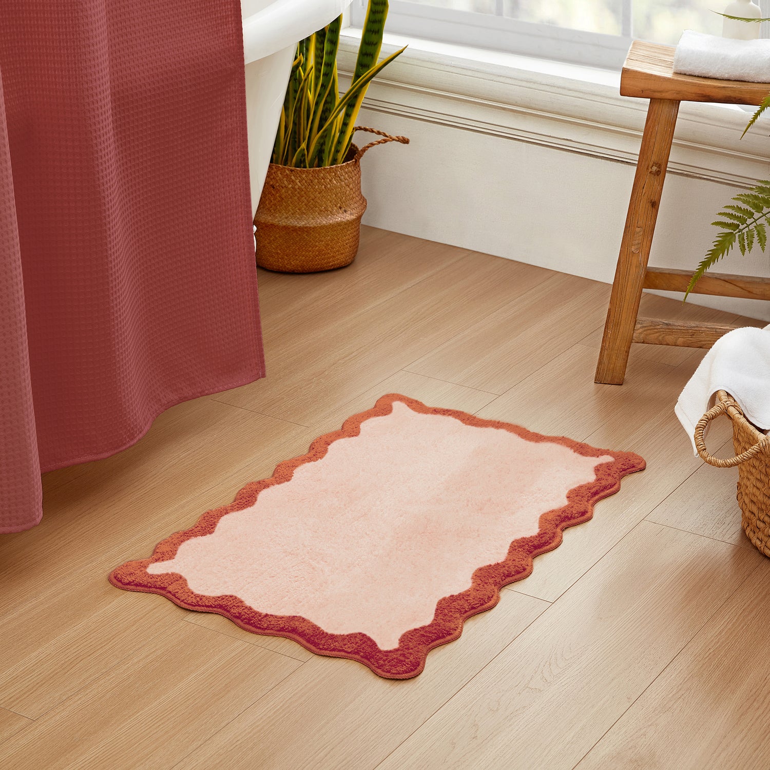 bath mat blush pink scalloped wavy edge