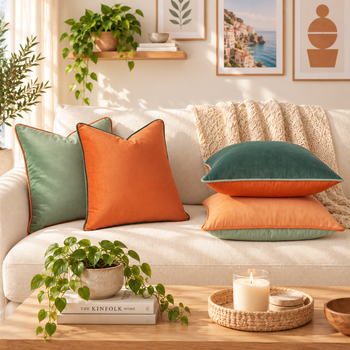 velvet piping decorative throw pillow covers coral sage green orange