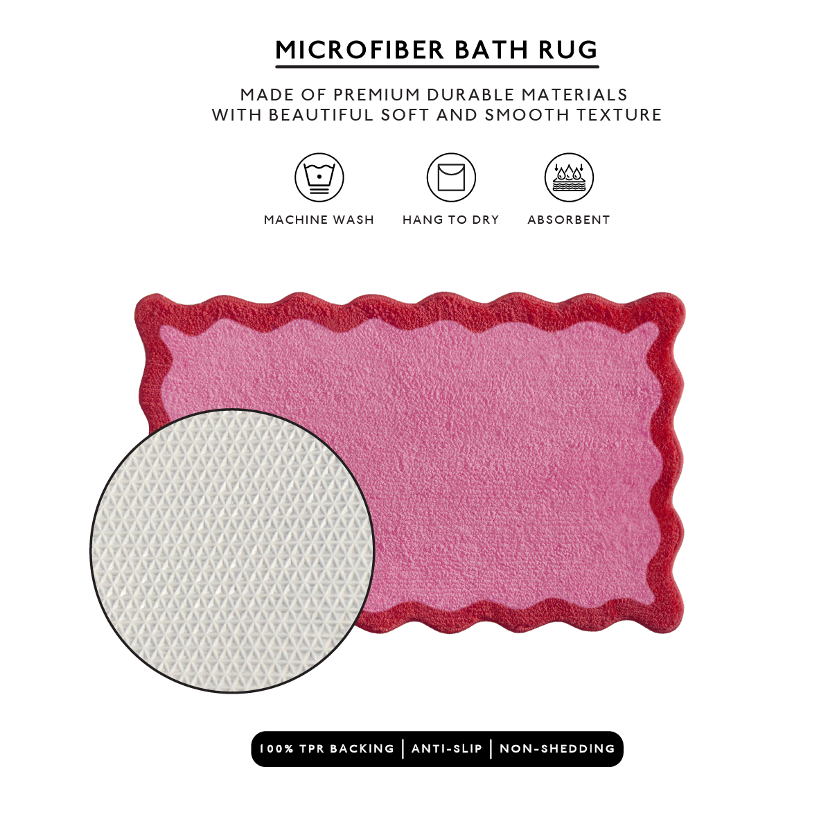 Pink microfiber bath rug with red border on a white background, featuring product details.