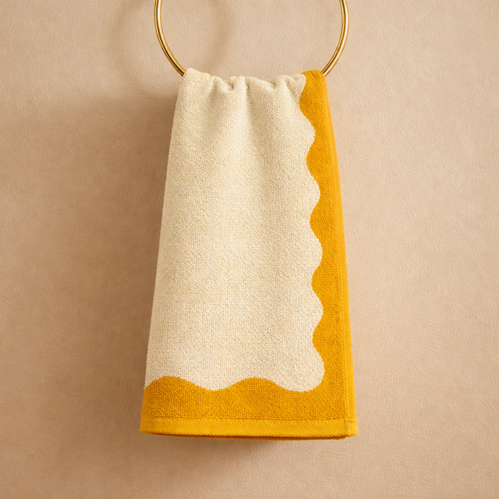 Beige and mustard yellow towel hanging on a gold ring against a beige background