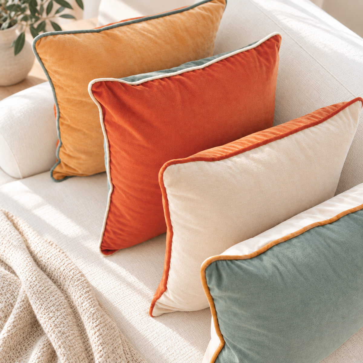 Four decorative throw pillows in mustard yellow, burnt orange, cream, and sage green with contrasting piped edges, arranged on a light beige sofa next to a cream knit blanket.