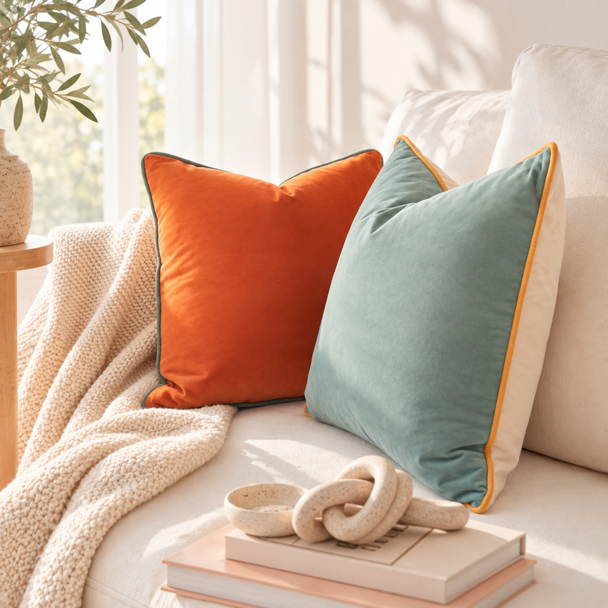 Two decorative throw pillows on a light sofa in a bright living room setting. One pillow is a rich orange with a dark green edge, and the other is a muted teal with a yellow-orange edge.