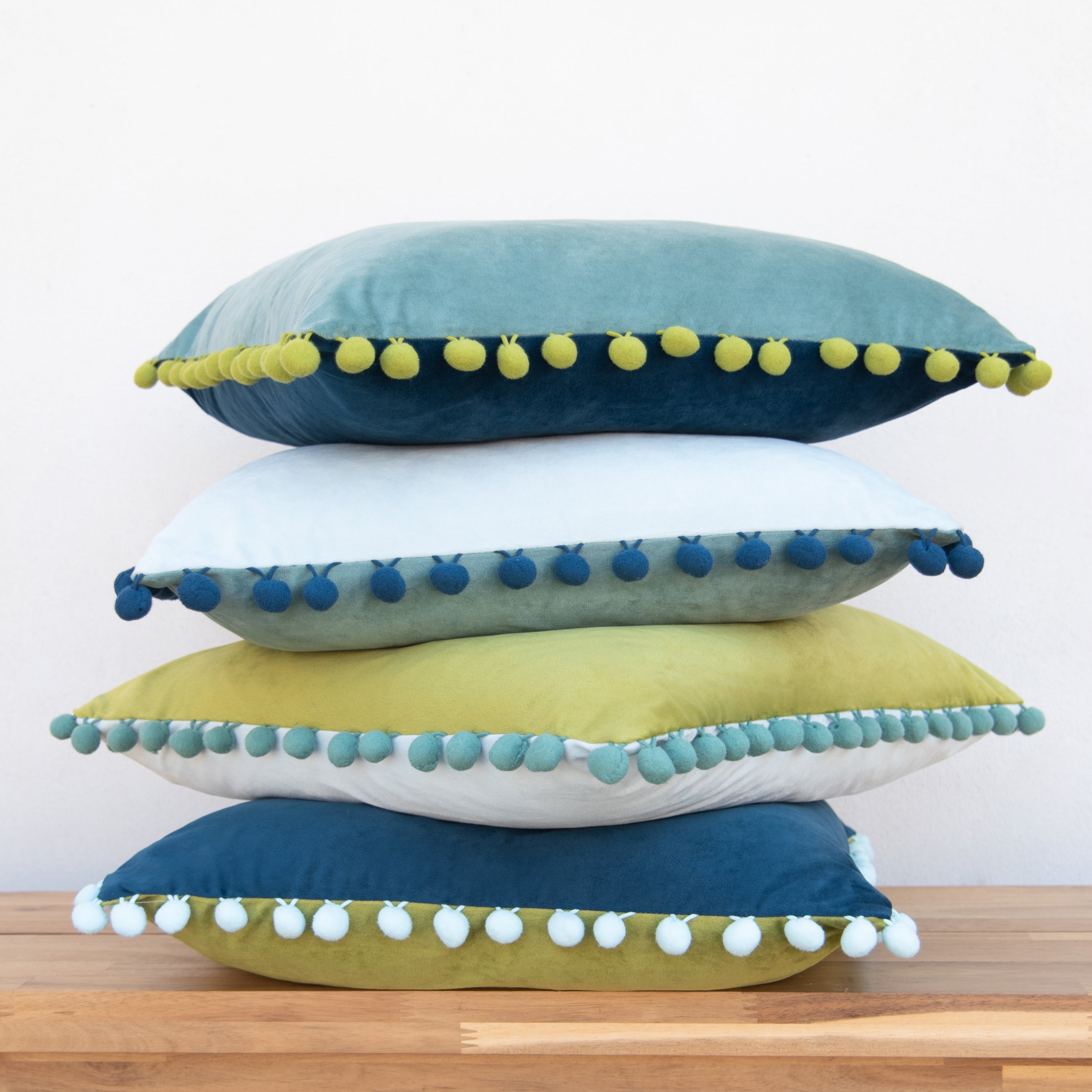 pom pom trim blue green teal light blue decorative throw pillow covers velvet soft
