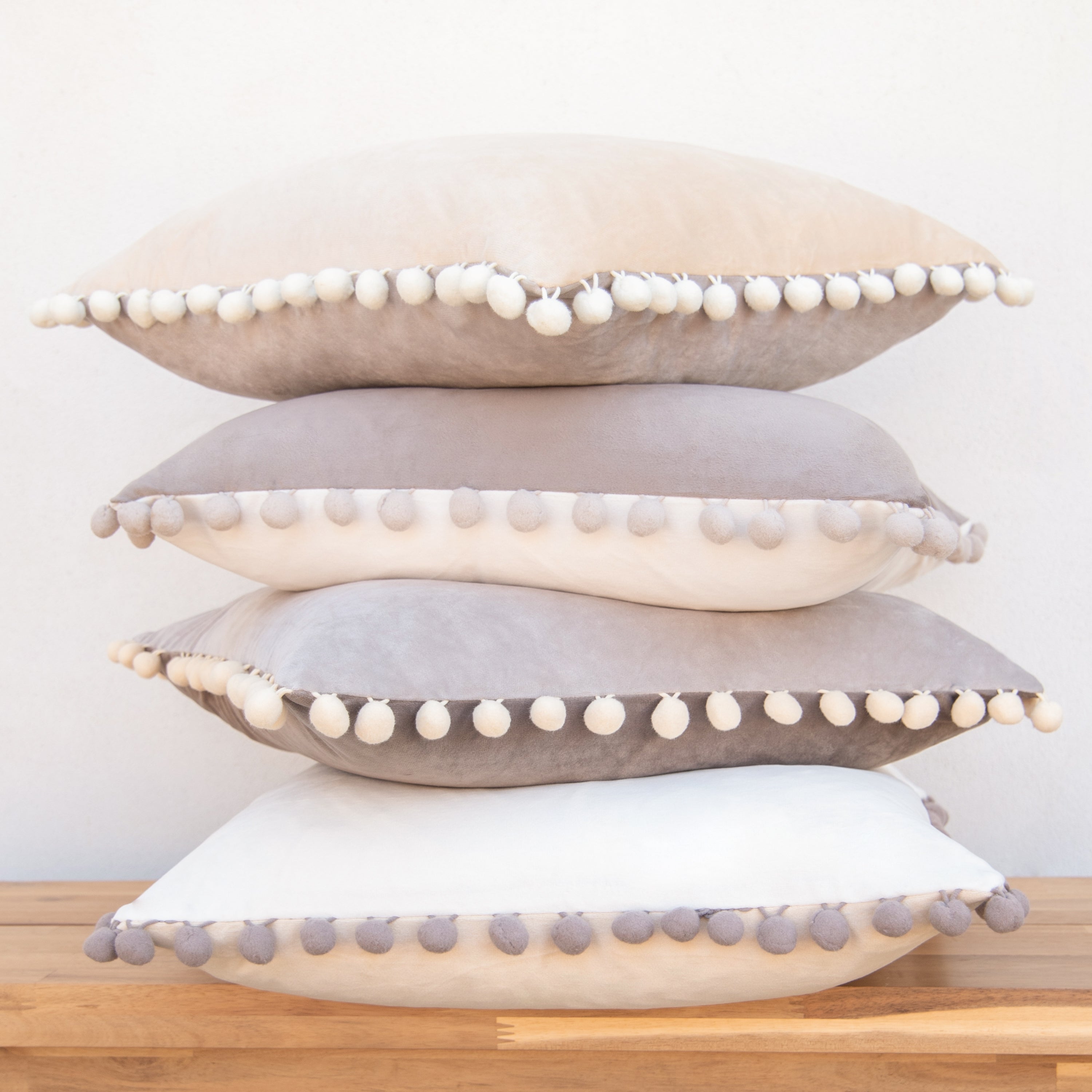 pom pom trim stone gray beige cream light cream gray decorative throw pillow covers velvet soft