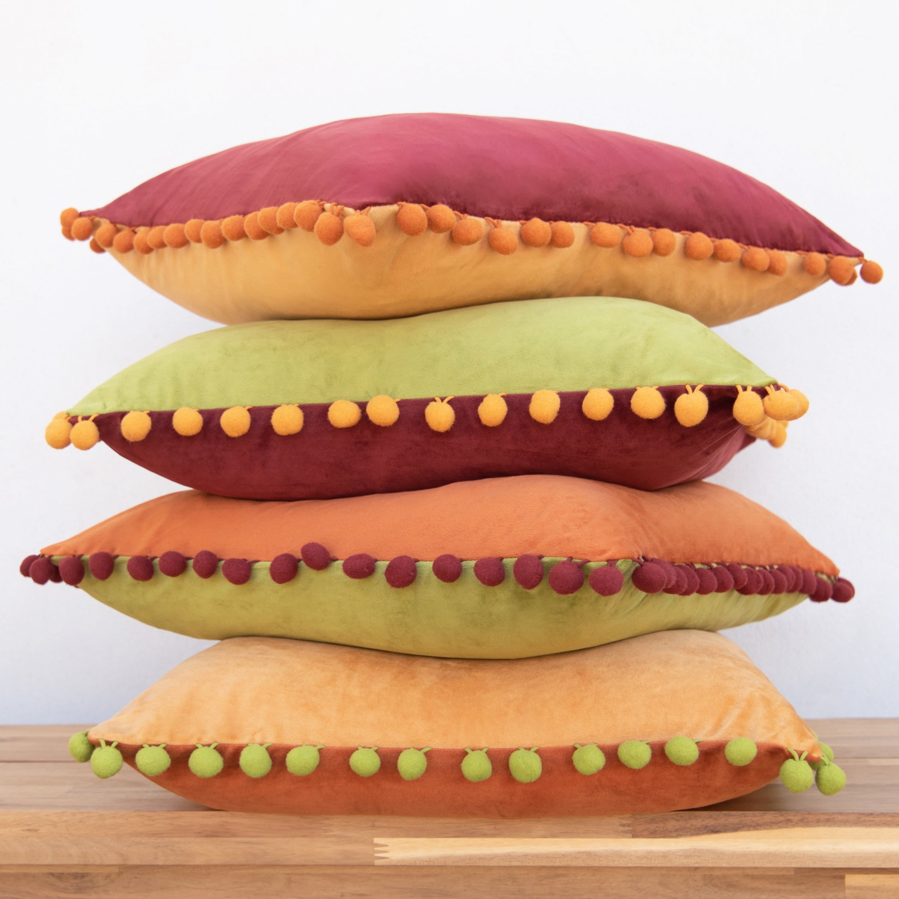 pom pom trim orange plum olive green yellow decorative throw pillow covers velvet soft