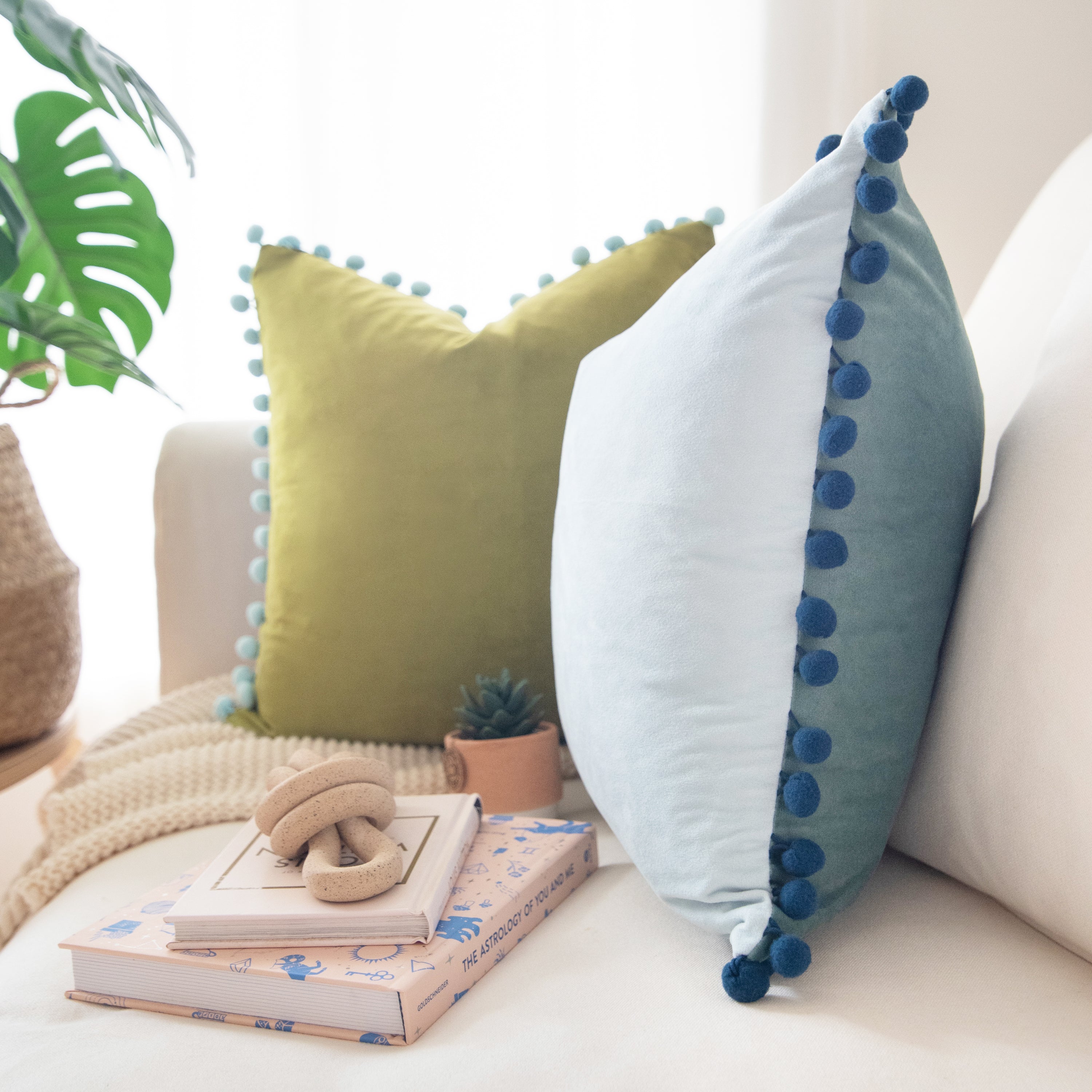 pom pom trim green blue  decorative throw pillow covers velvet