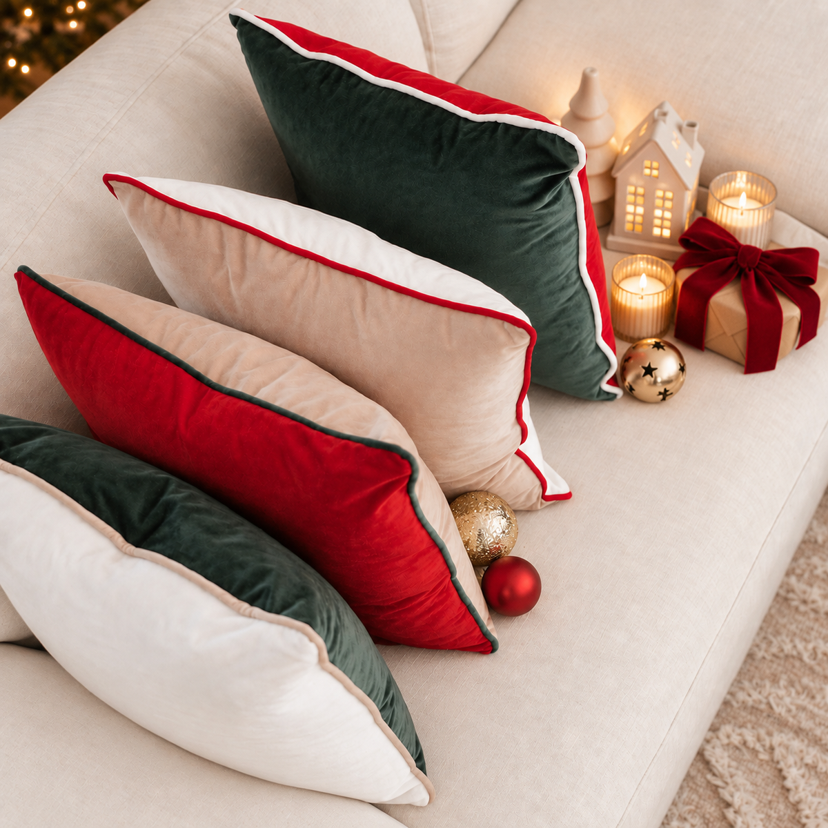 Four decorative throw pillows in red, cream, and dark green velvet with white piping, arranged on a light beige sofa alongside holiday candles, ornaments, and a small gift box.
