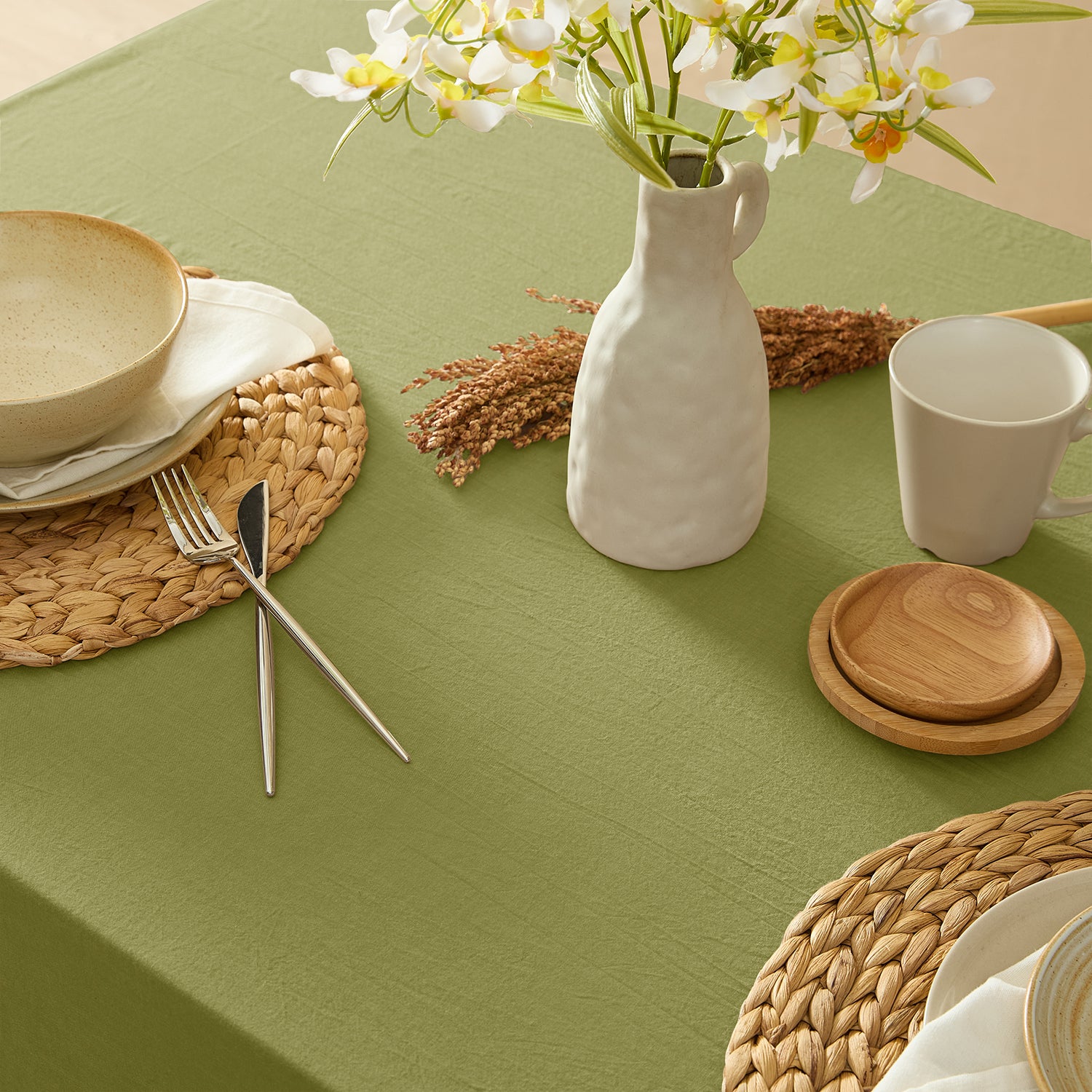 olive green stonewashed cotton tablecloth dining table