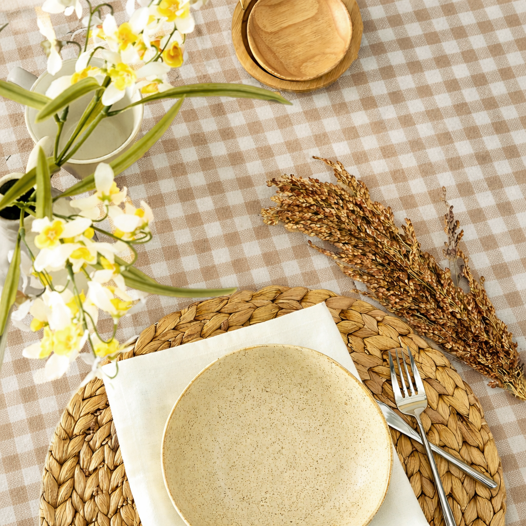 Table setting with a beige plate, fork, knife, and woven placemat on a checkered tablecloth with flowers and wheat.
