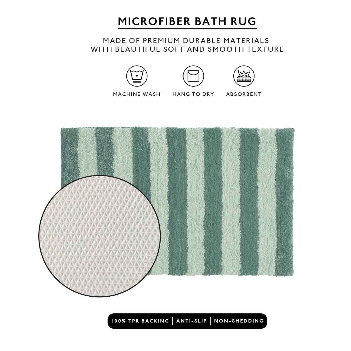 Striped microfiber bath rug with texture detail and care instructions on a white background