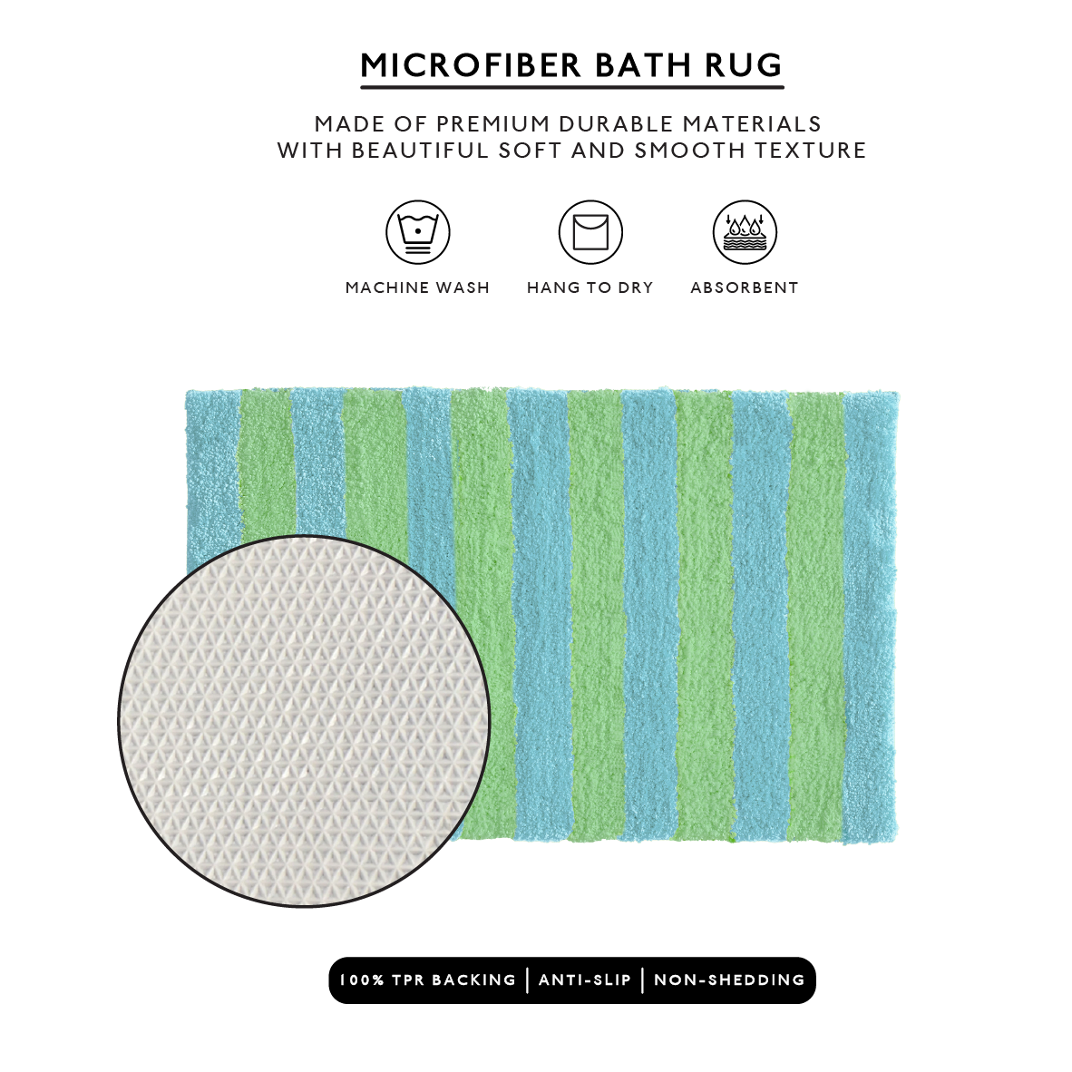 Microfiber bath rug with green and blue stripes on a white background