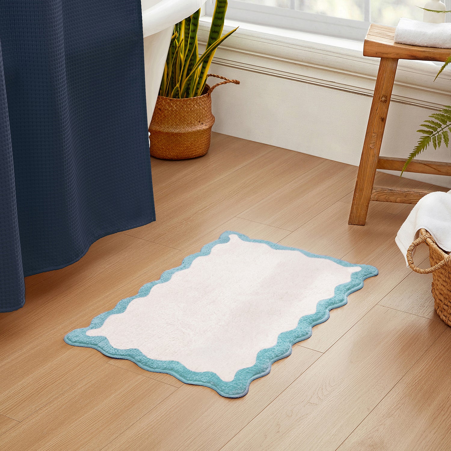 bath mat sky blue scalloped wavy edge