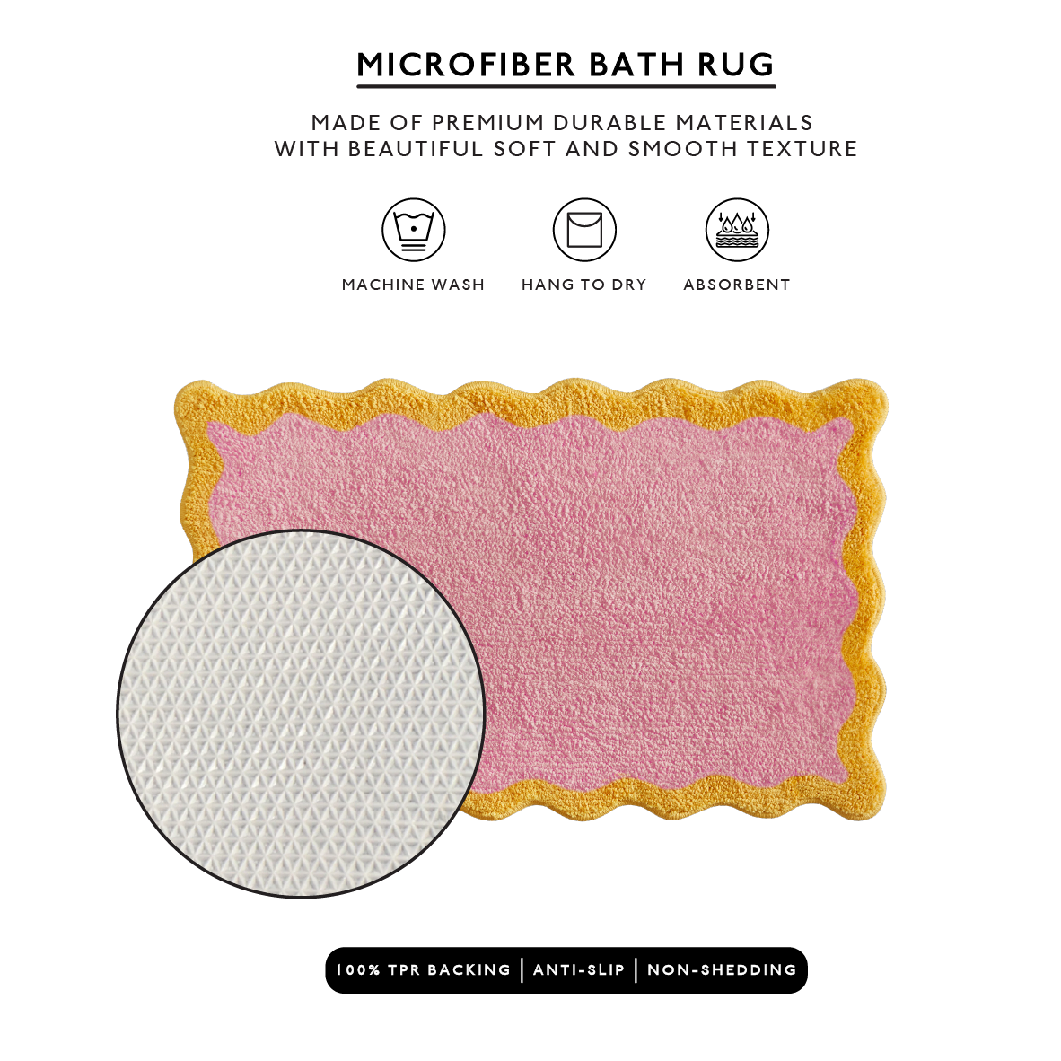 Pink microfiber bath rug with yellow border on a white background