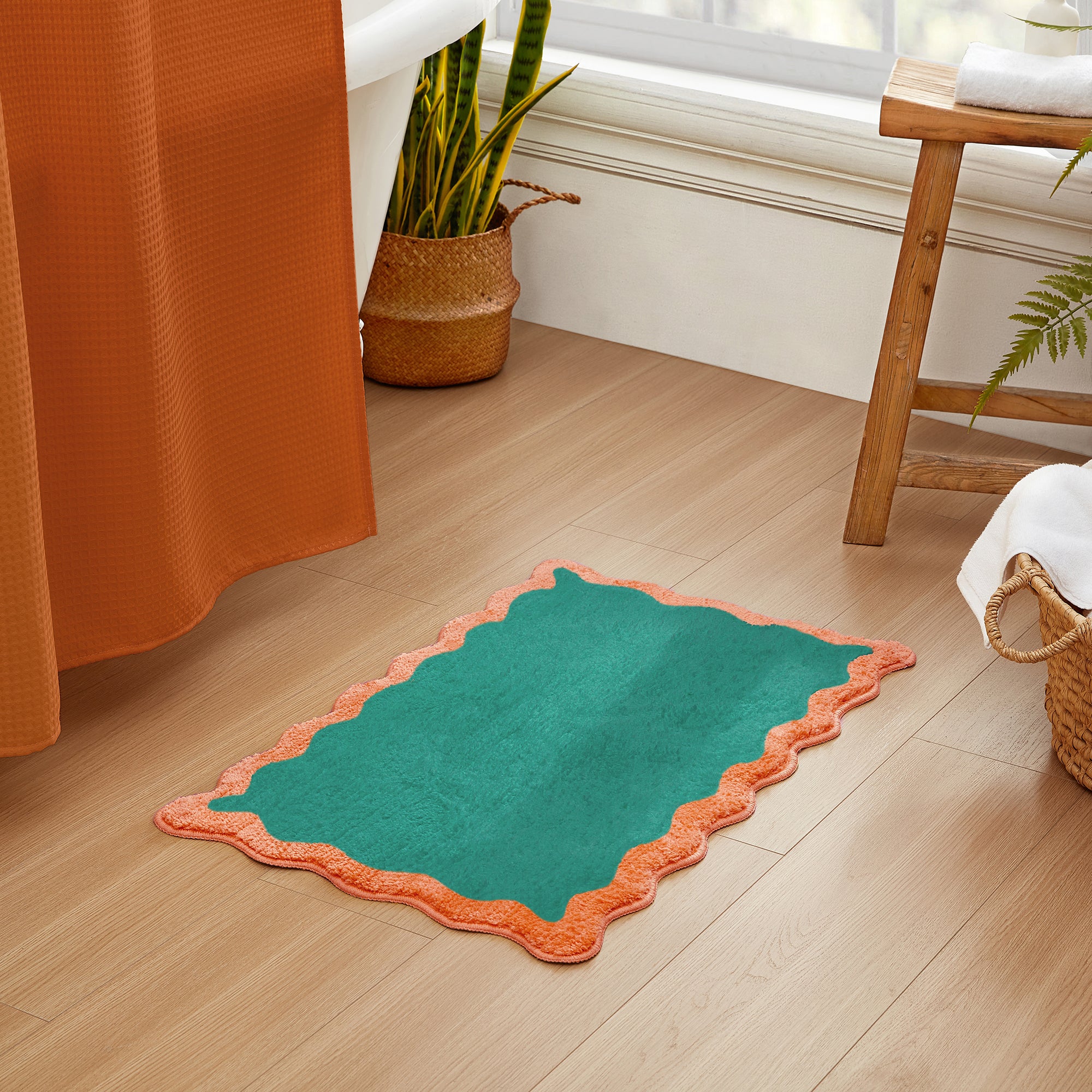bath mat teal peach scalloped wavy edge