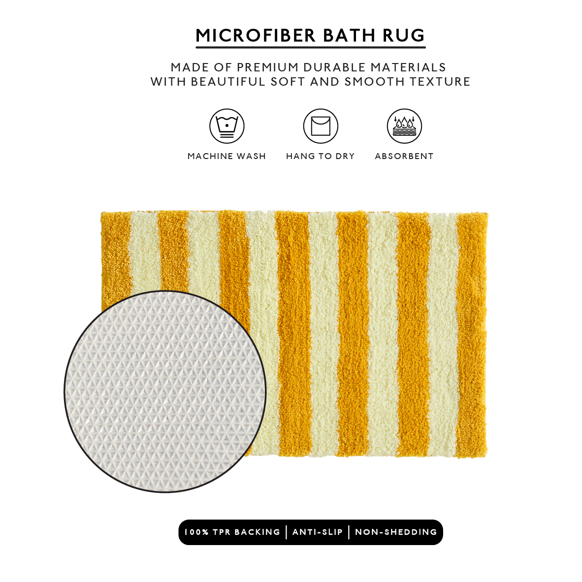 Microfiber bath rug with yellow and white stripes on a white background, featuring text about material and care.