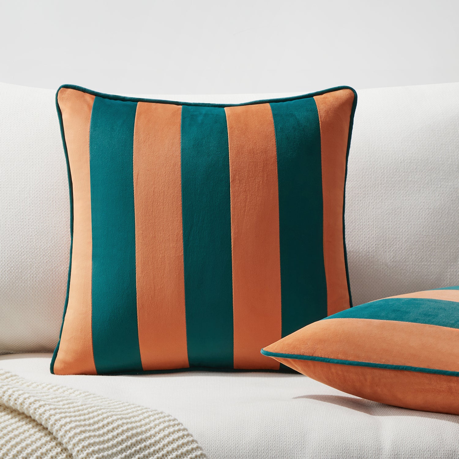 striped velvet pillows set of two coral dark teal