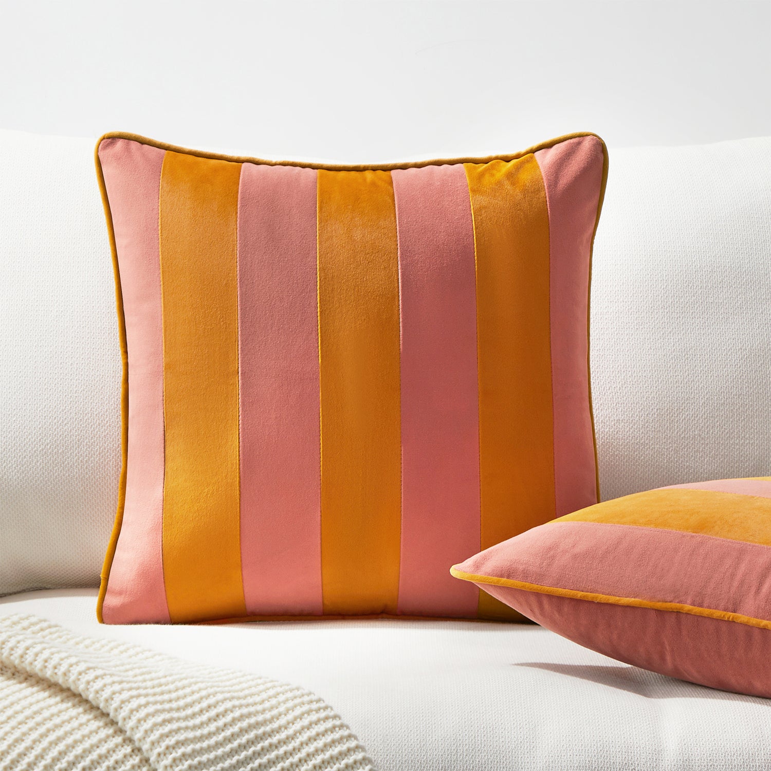 striped velvet pillows set of two pink yellow