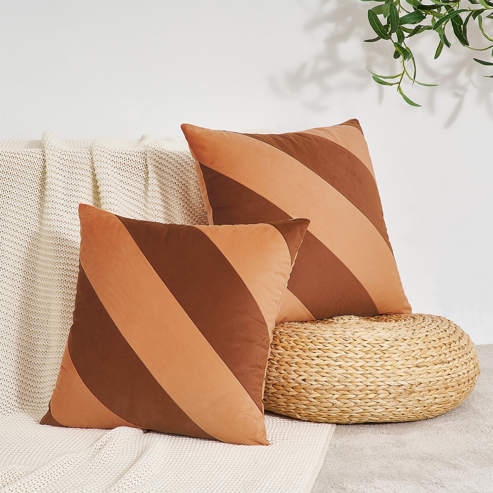 Two brown and beige patterned pillows on a textured surface with a plant in the background.