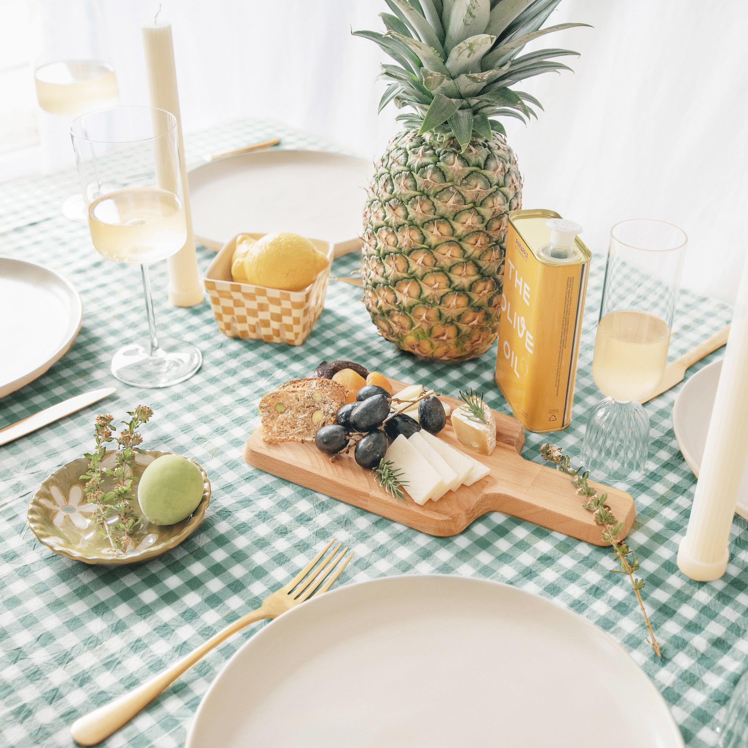 stonewashed cotton tablecloth gingham green white
