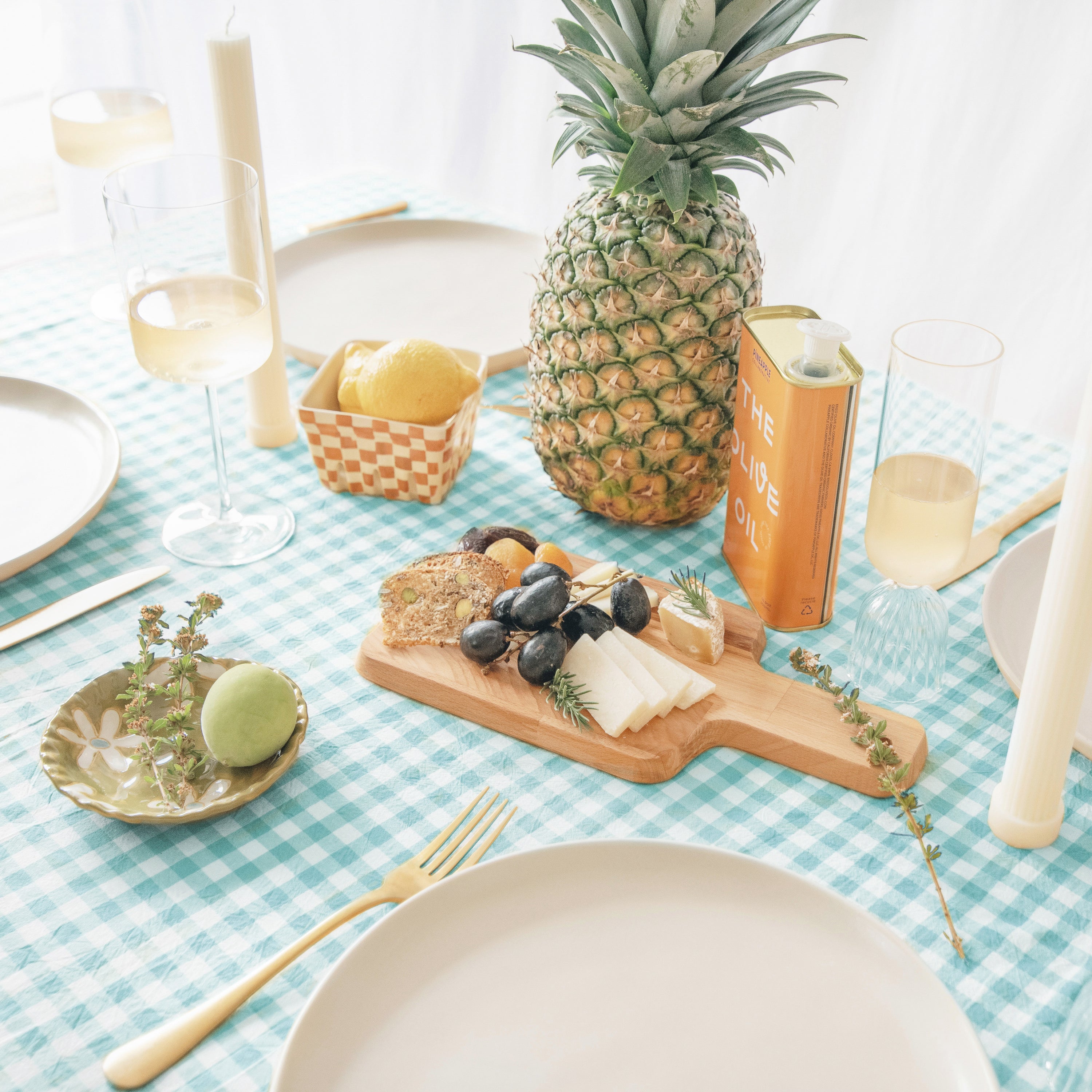 tablecloth gingham plaid buffalo checkered cotton stonewashed teal orange white rectangle