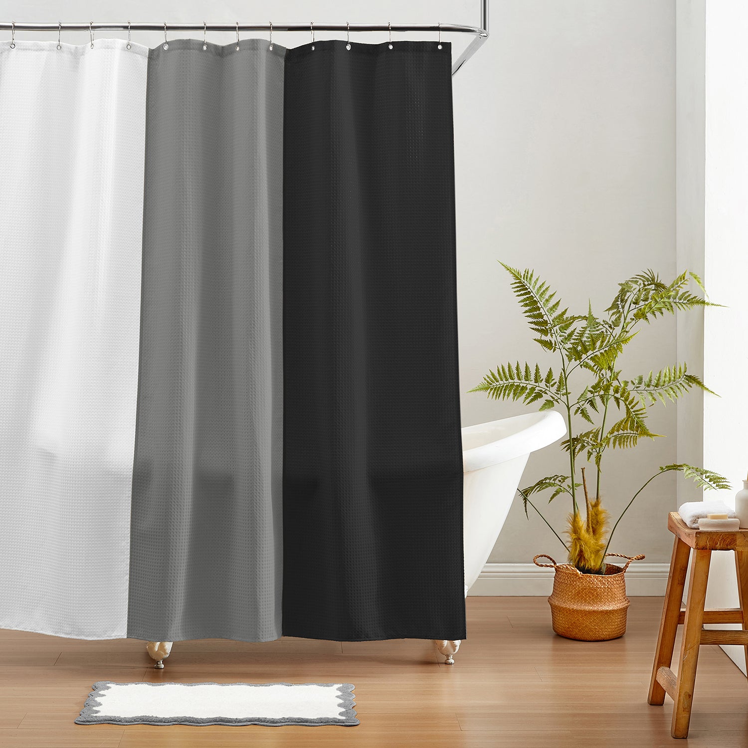 bath mat gray white scalloped wavy edge