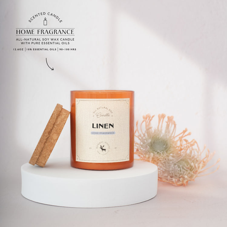 soy wax candle amber jar linen