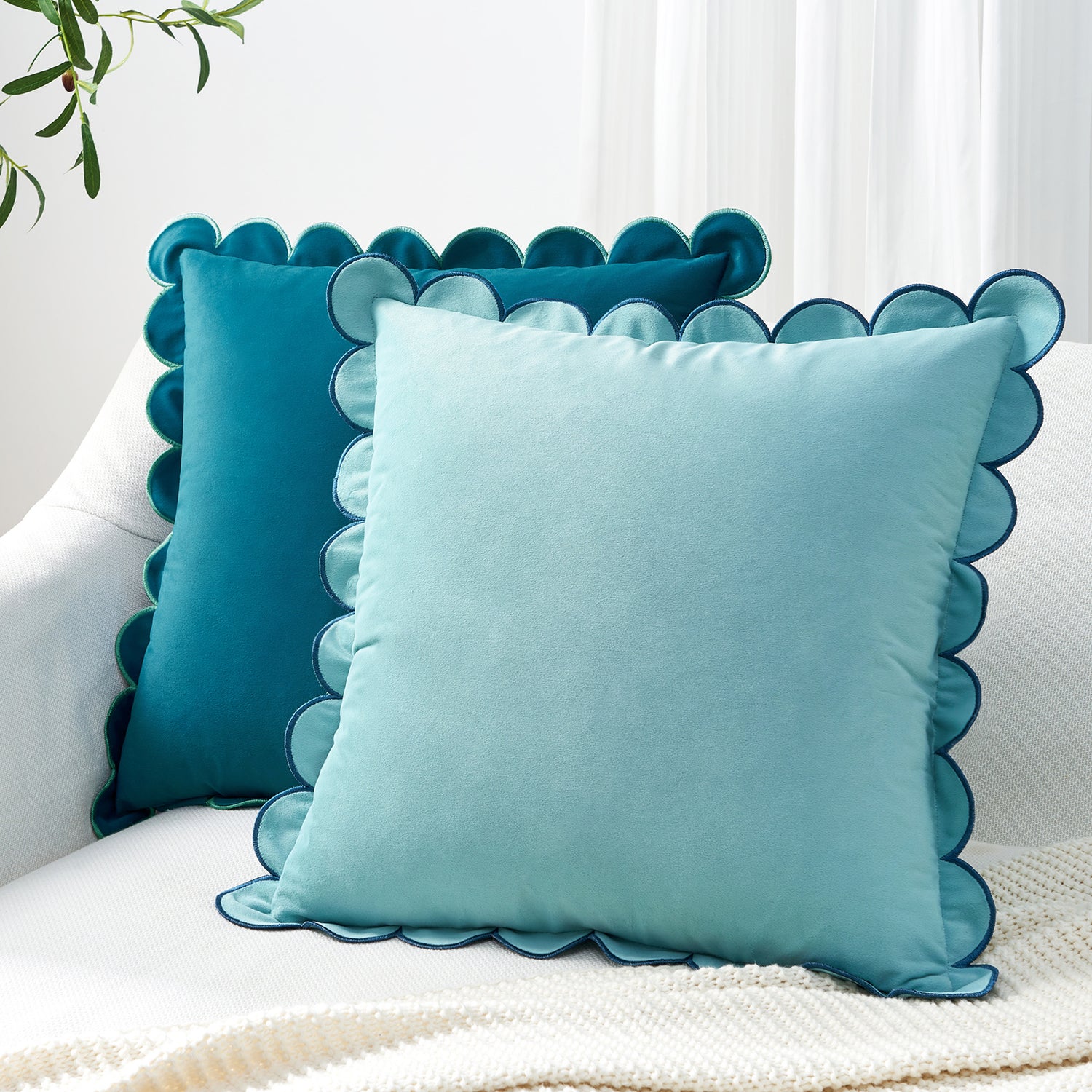 scalloped edge velvet pillows set of two  blue light blue