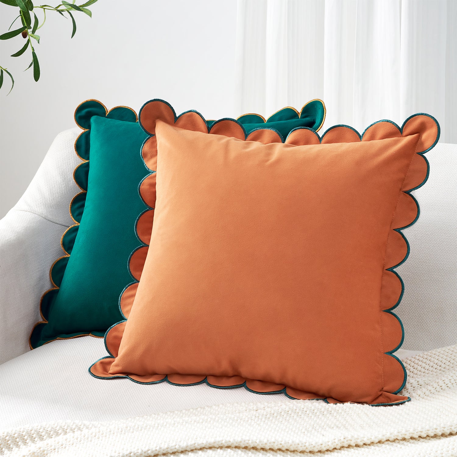 scalloped edge velvet pillows set of two coral dark teal