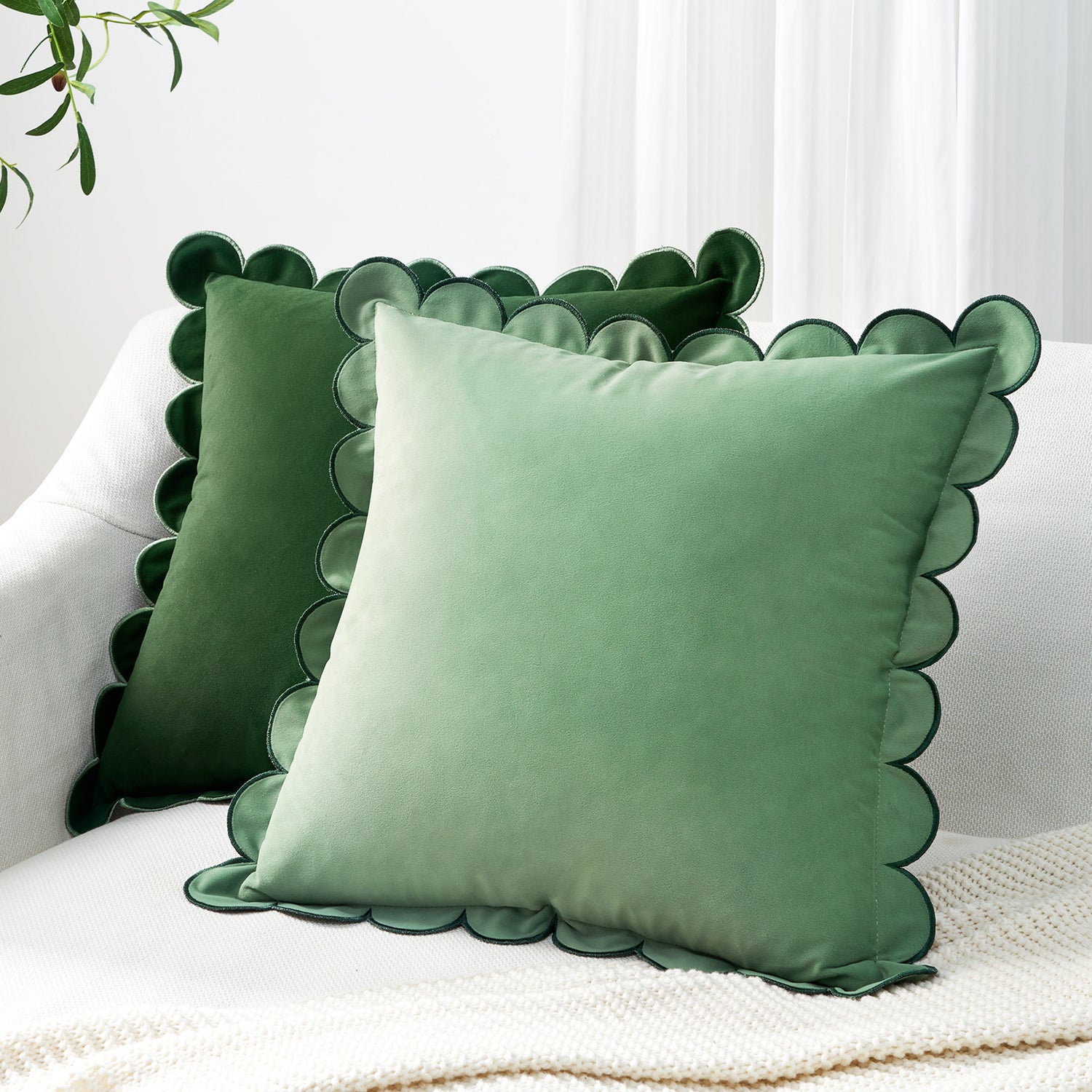 scalloped edge velvet pillows set of two green light green