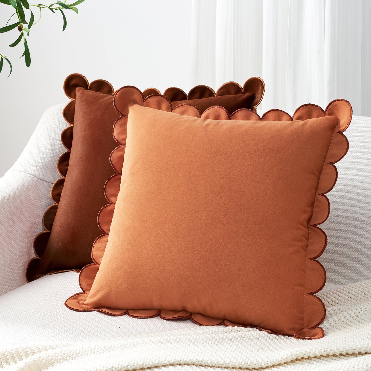 scalloped edge velvet pillows set of two rust coral