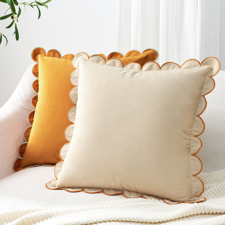 scalloped edge velvet pillows set of two yellow cream