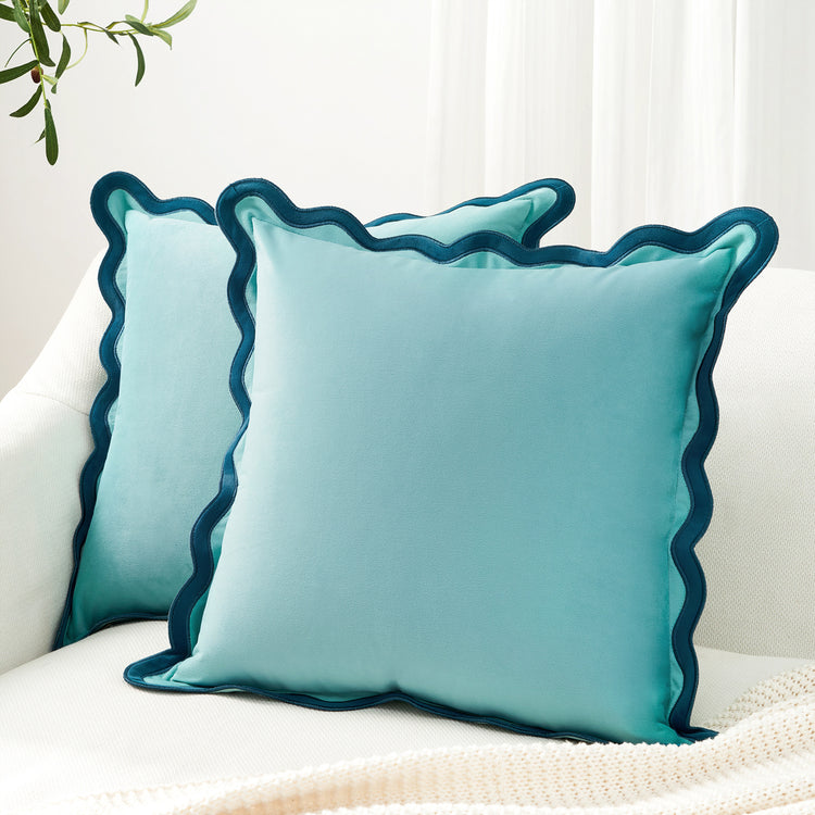 scalloped edge velvet pillows set of two blue light blue