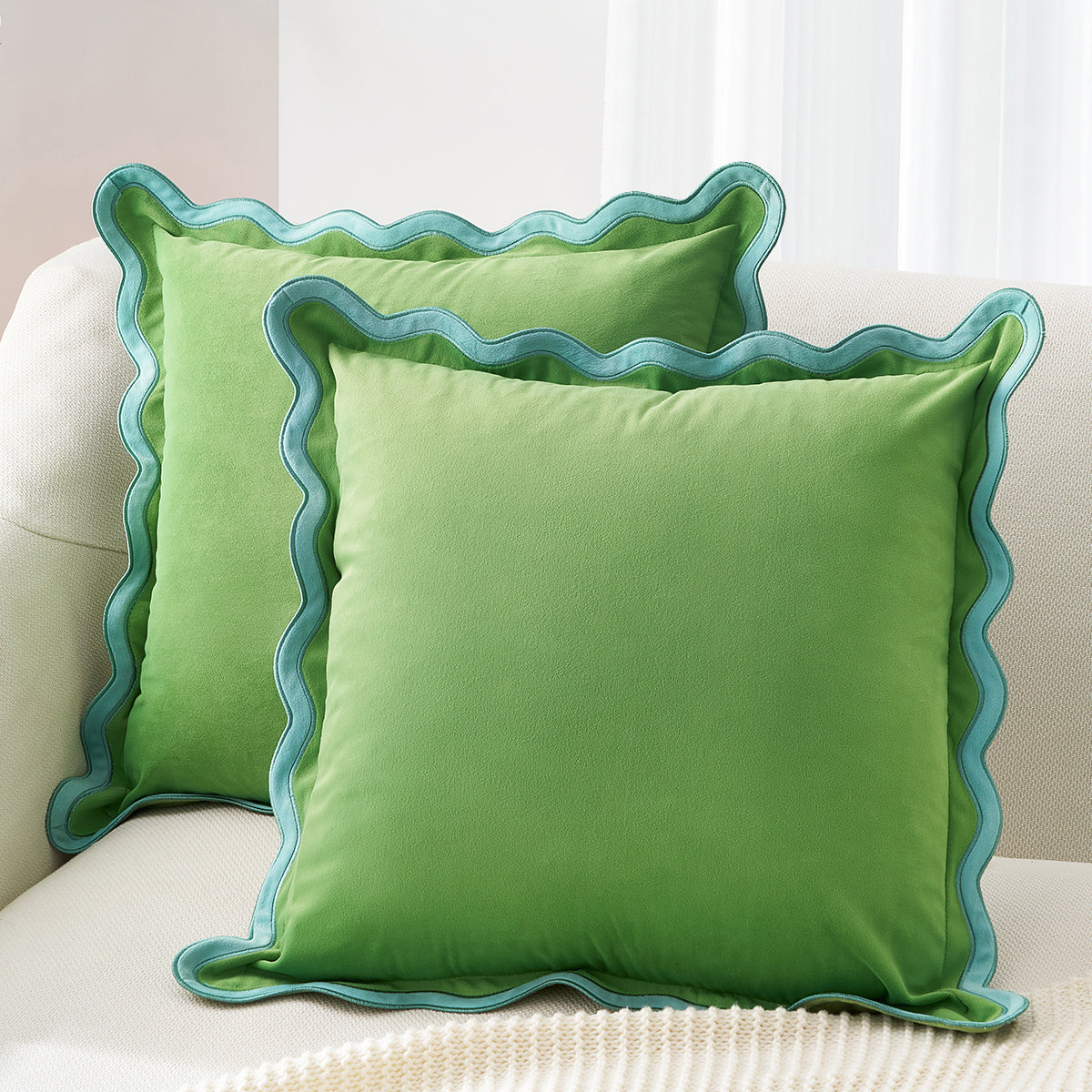 scalloped edge velvet pillows set of two light blue light green