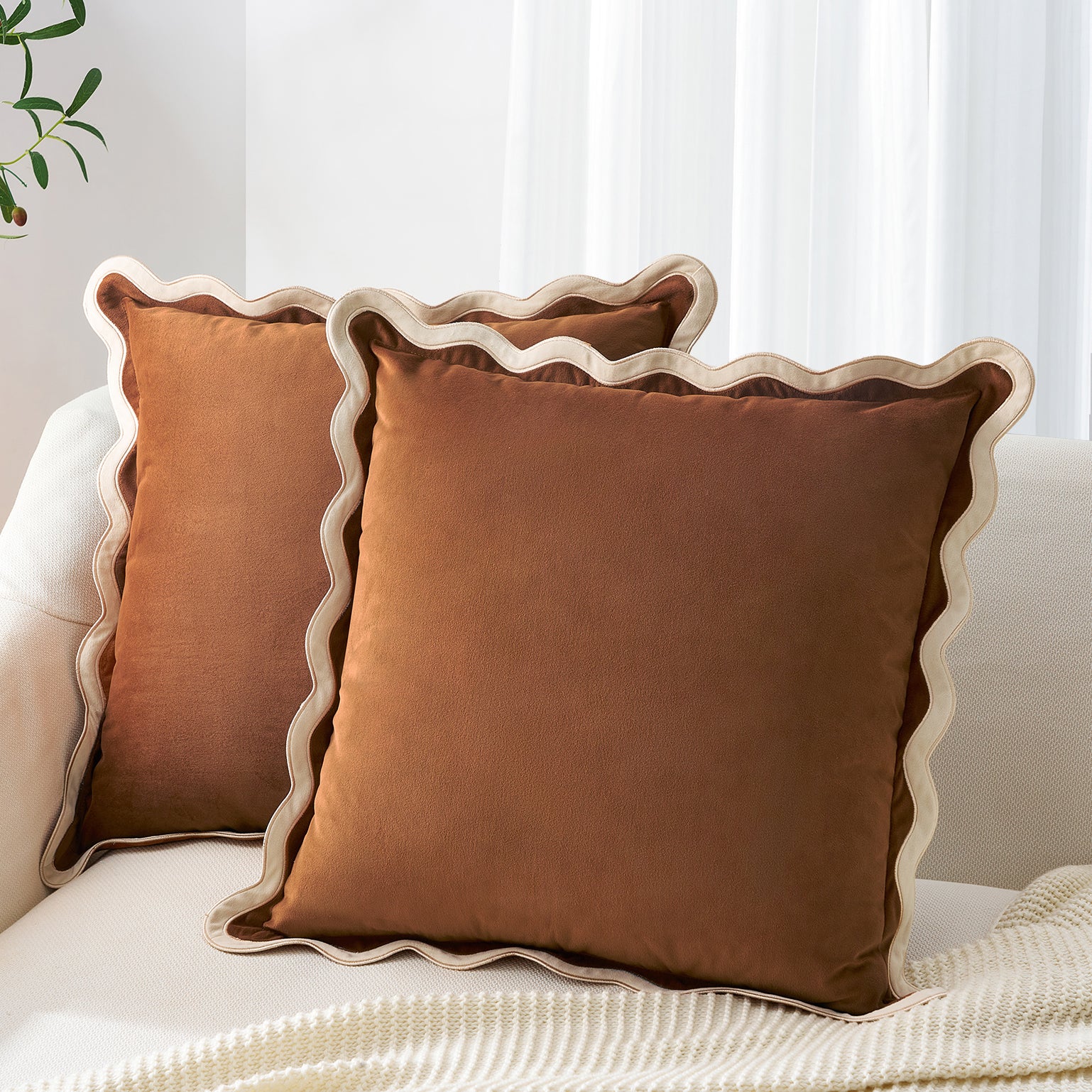 scalloped edge velvet pillows set of two beige brown
