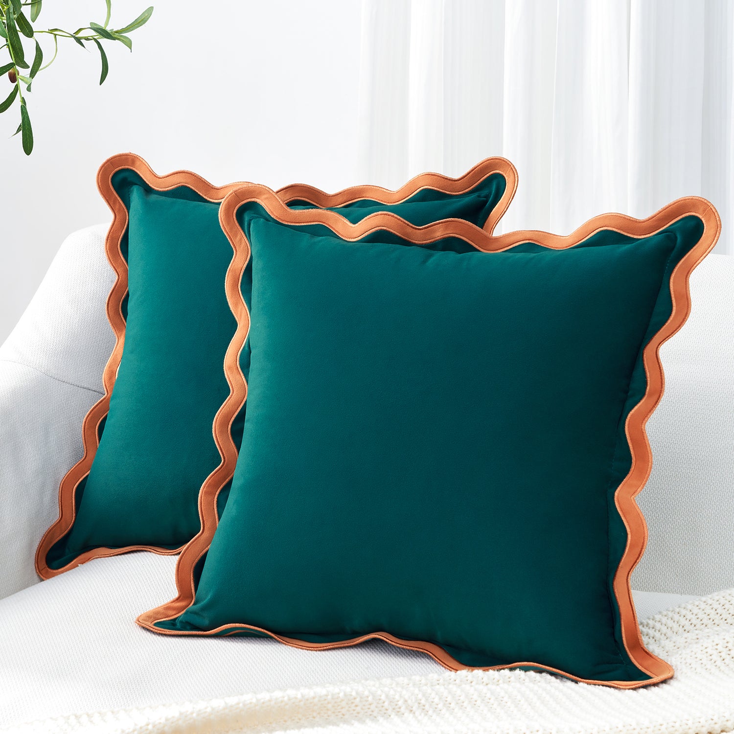 scalloped edge velvet pillows set of two coral dark teal