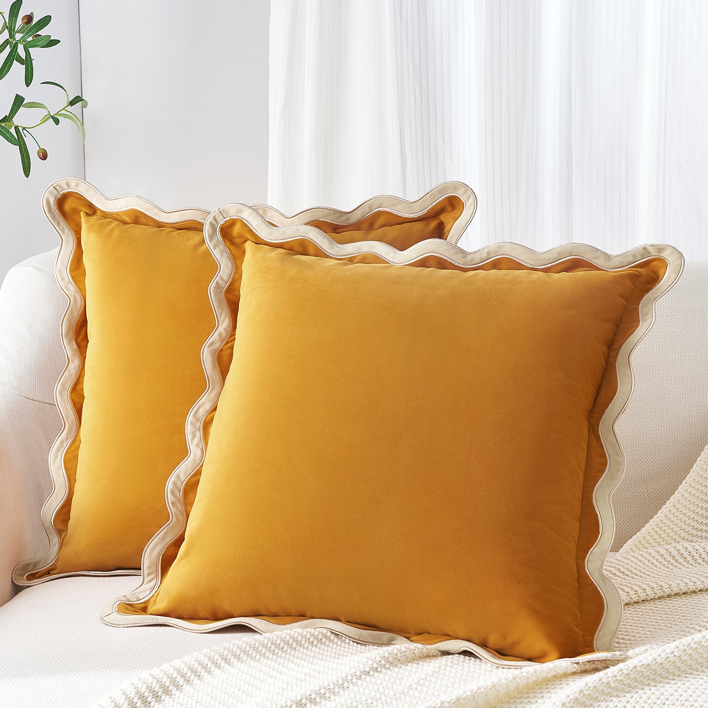 scalloped edge velvet pillows set of two cream yellow