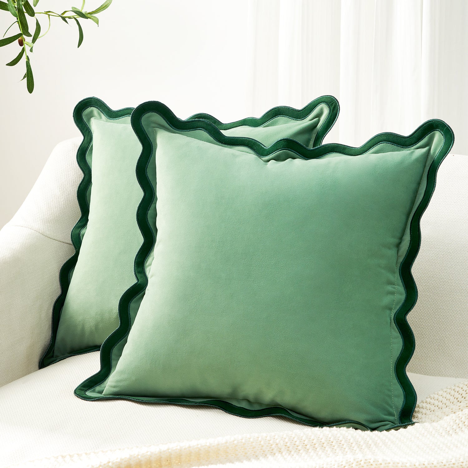 scalloped edge velvet pillows set of two green light green