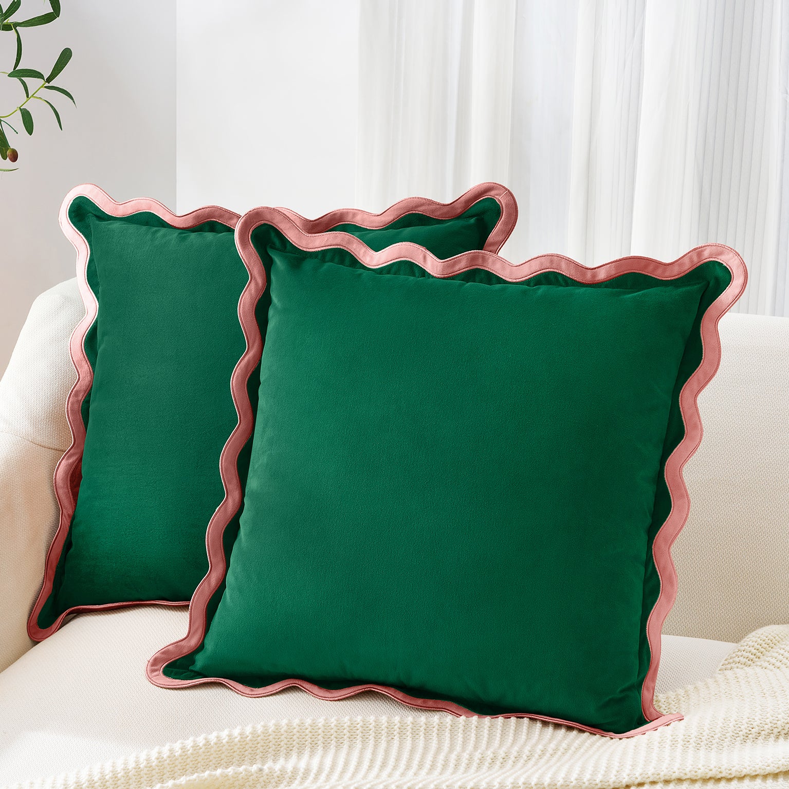 scalloped edge velvet pillows set of two pink green