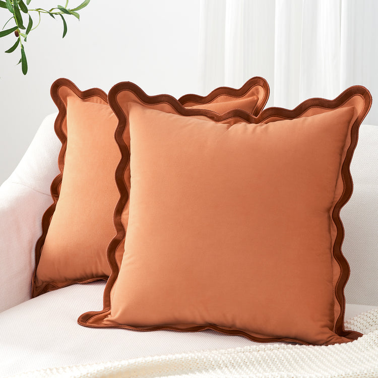 scalloped edge velvet pillows set of two rust coral