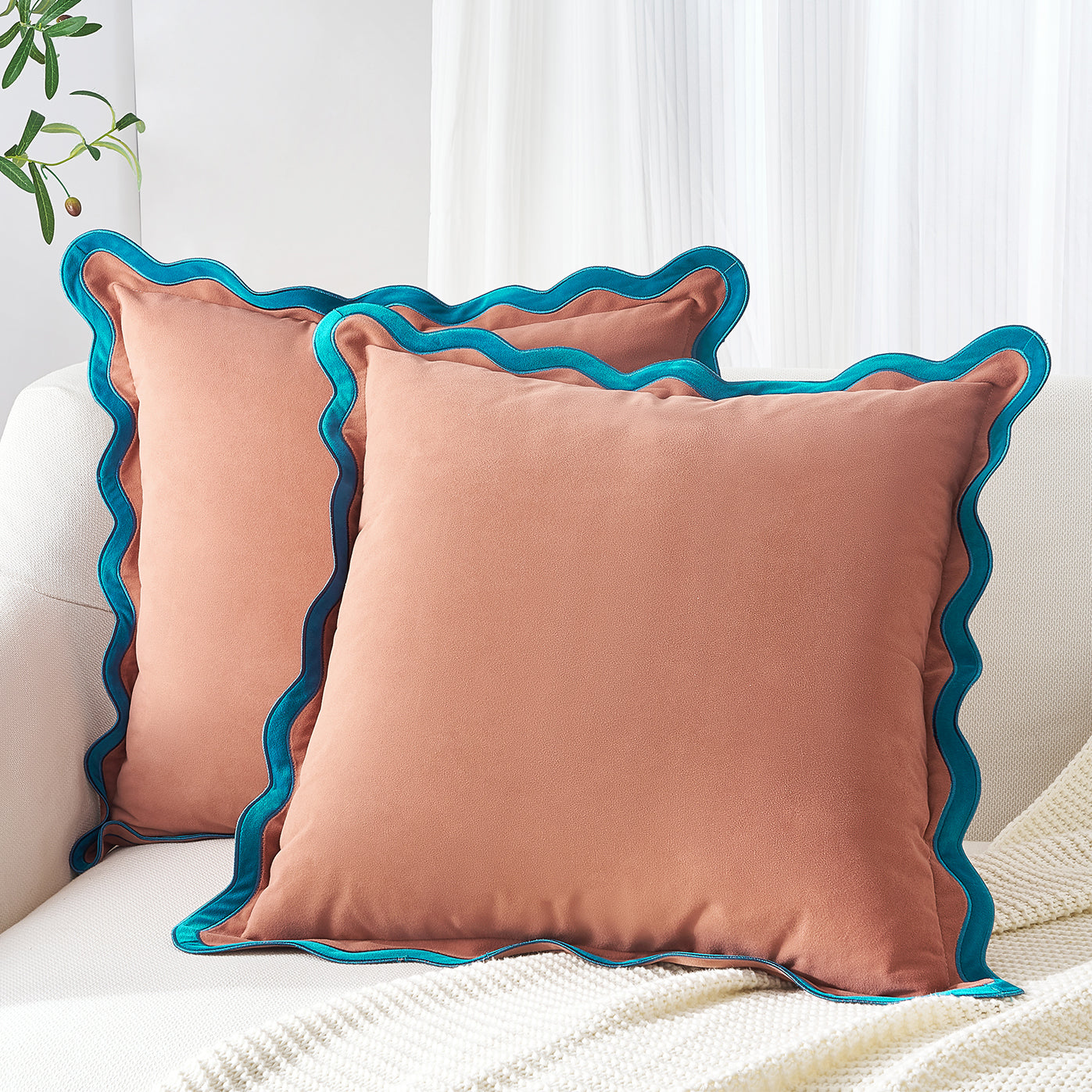 scalloped edge velvet pillows set of two teal pink