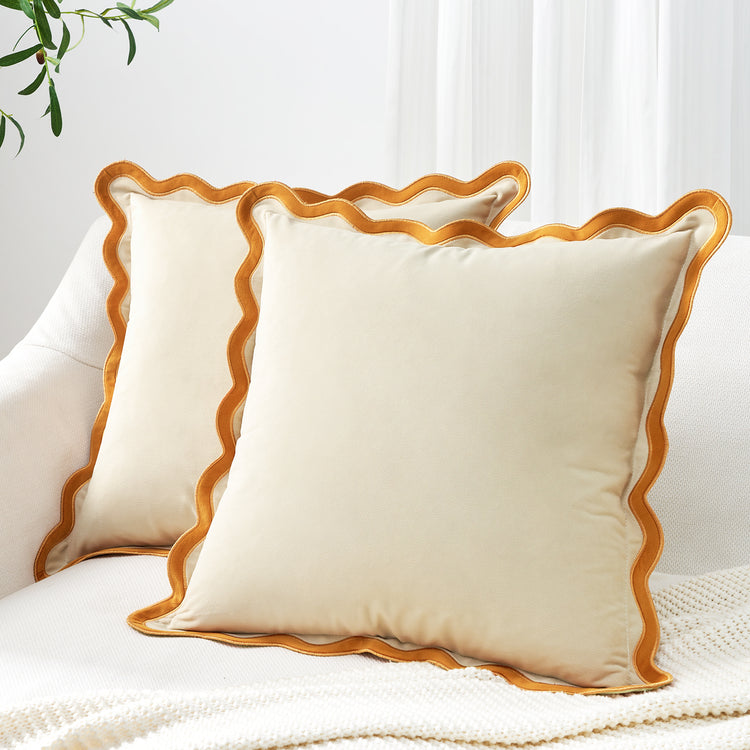 scalloped edge velvet pillows set of two yellow cream